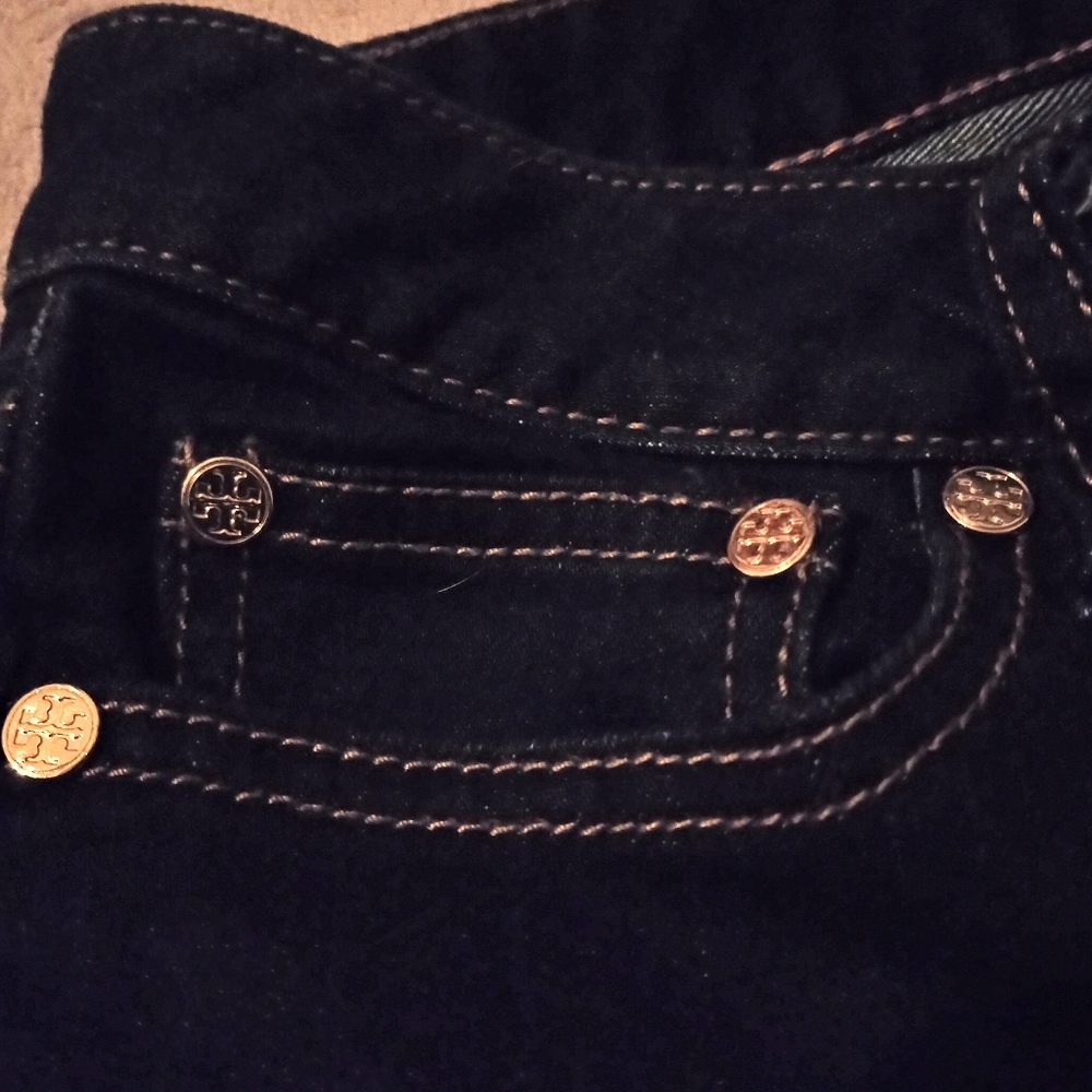 Tory Burch Women's Blue Denim Dark Wash Cuffed Straight Leg Jeans Size 25 - Picture 10 of 12